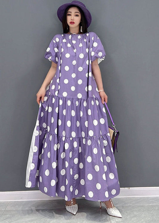 Purple Dot Imprimer une robe longue coton sur les deux côtés Exra grande manche courte de l'ourlet