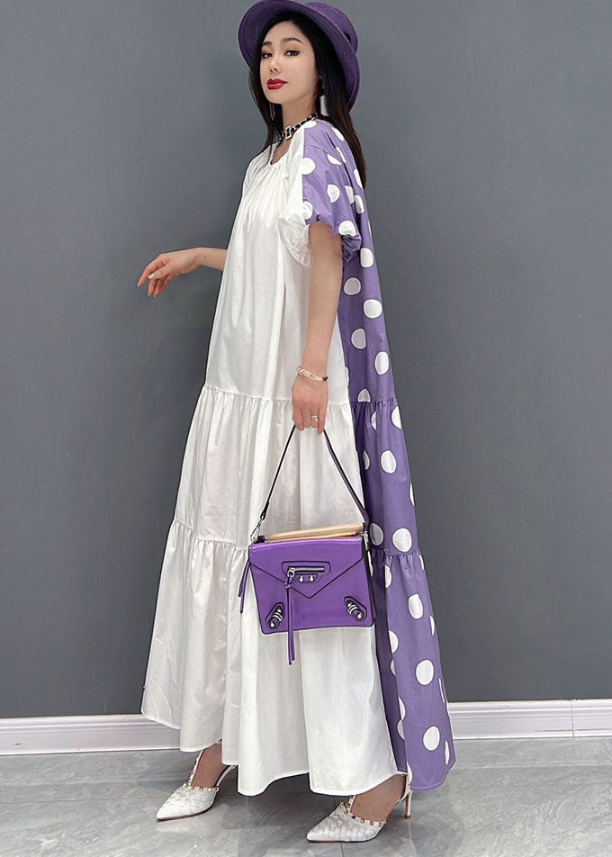 Purple Dot Imprimer une robe longue coton sur les deux côtés Exra grande manche courte de l'ourlet