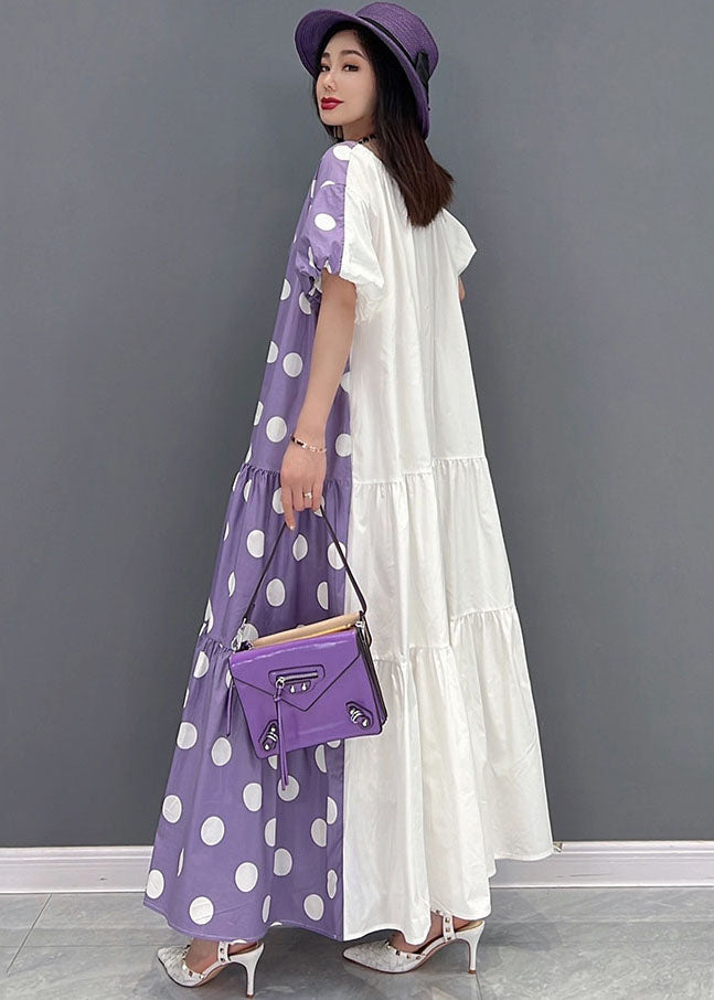 Purple Dot Imprimer une robe longue coton sur les deux côtés Exra grande manche courte de l'ourlet