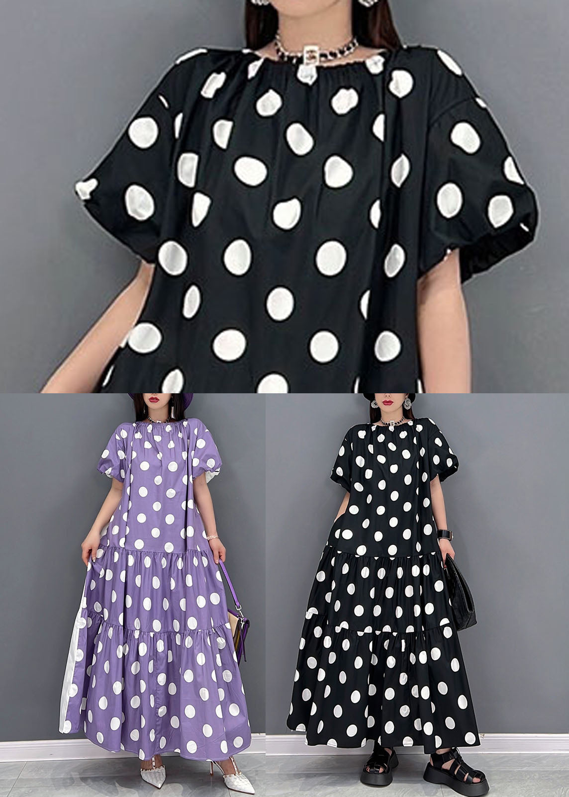 Purple Dot Imprimer une robe longue coton sur les deux côtés Exra grande manche courte de l'ourlet