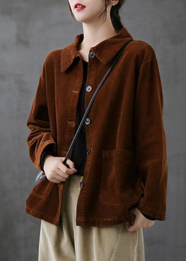 Purple Loose Pockets Shirt Top Long Sleeve Corduroy Coat - SooLinen