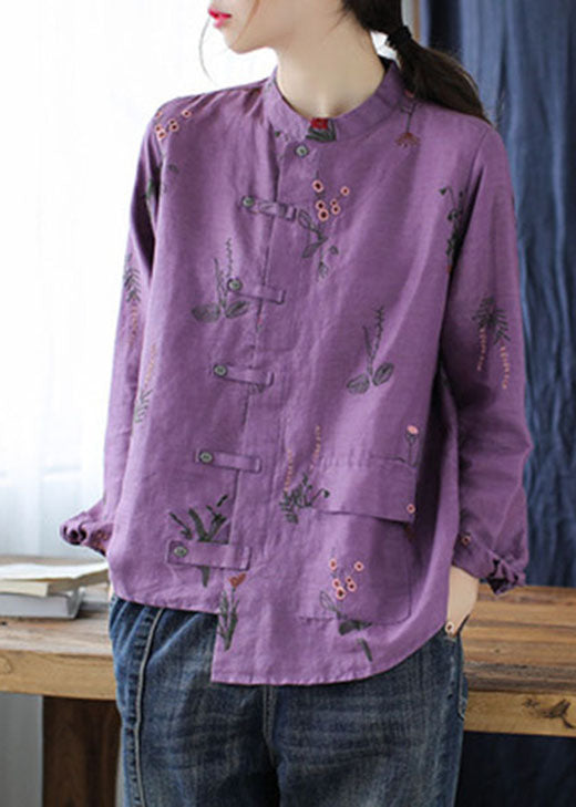 Purple Pockets Linen Shirt Top Asymmetrical Long Sleeve