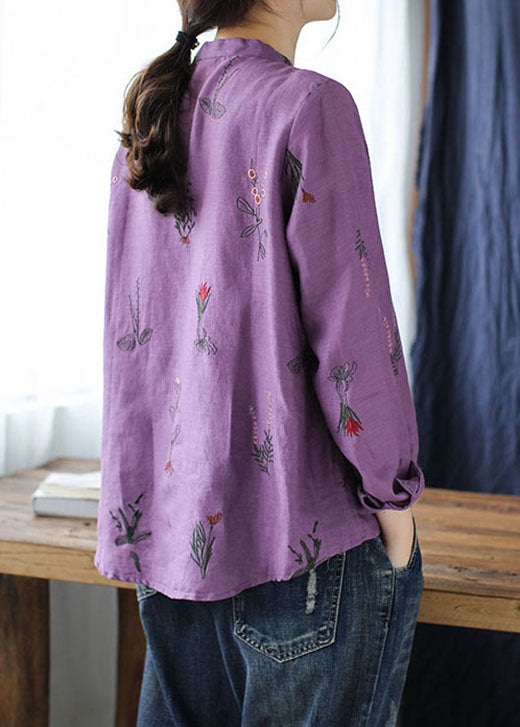 Purple Pockets Linen Shirt Top Asymmetrical Long Sleeve