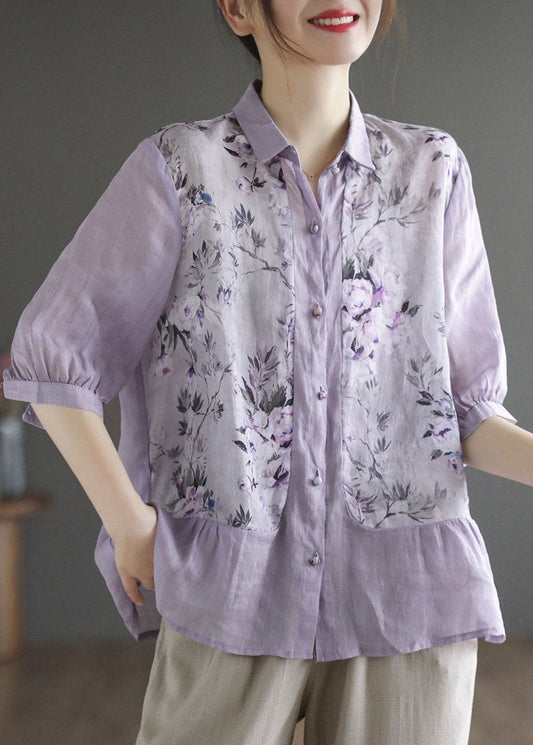 Blouse en lin à imprimé violet Top Peter Pan Collar Summer