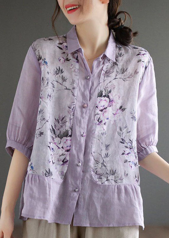 Blouse en lin à imprimé violet Top Peter Pan Collar Summer