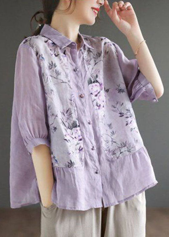 Blouse en lin à imprimé violet Top Peter Pan Collar Summer