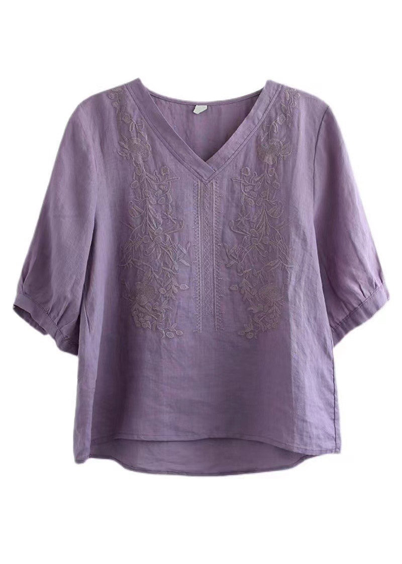 T-shirt brodé en V violet V Floral