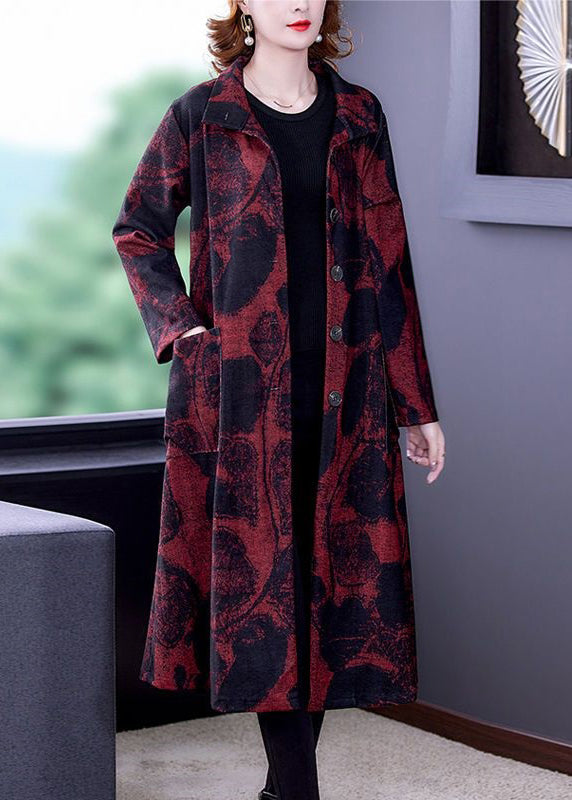 Red Button Pockets Patchwork Cotton Long Trench Coat Stand Collar Long Sleeve