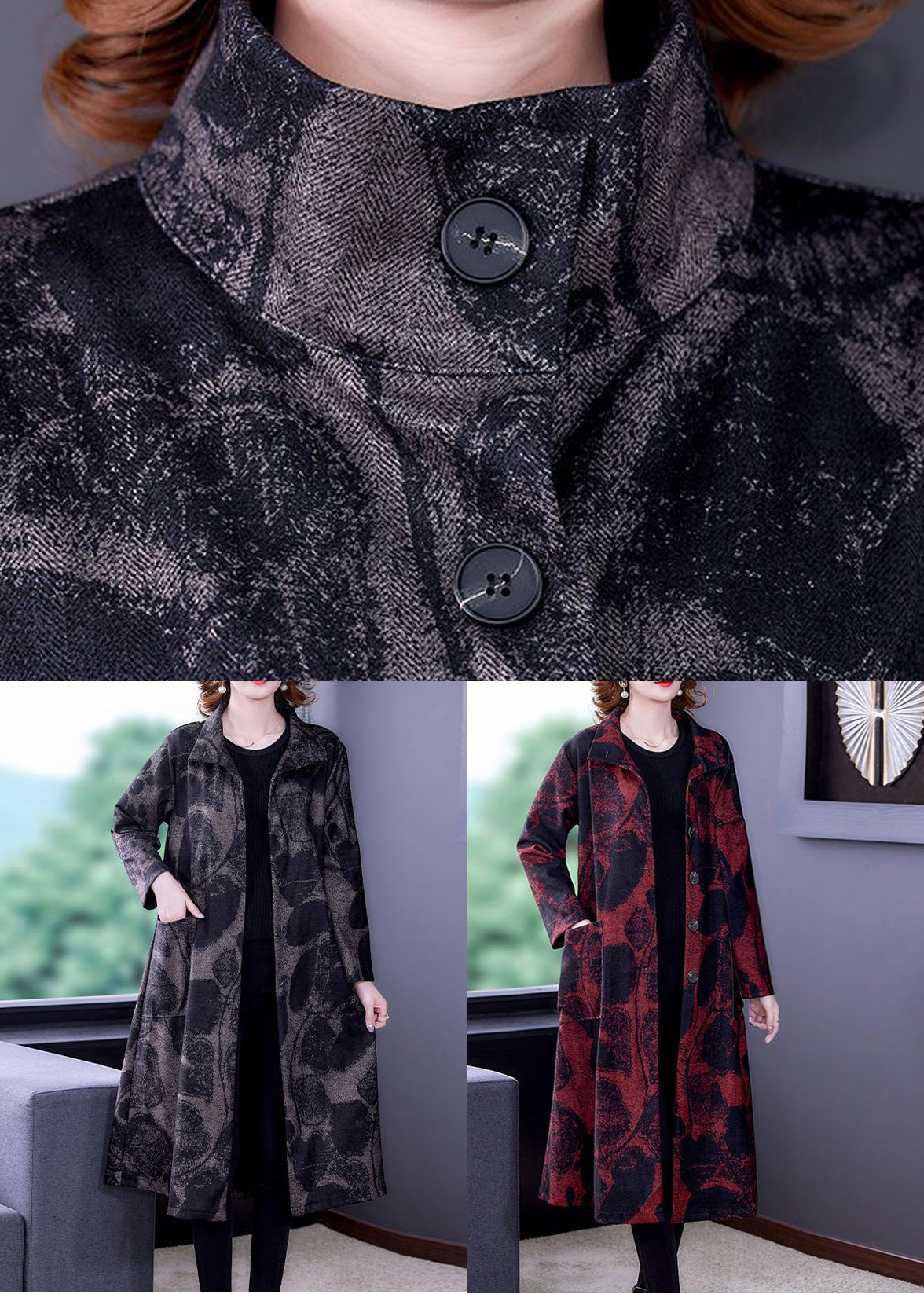 Red Button Pockets Patchwork Cotton Long Trench Coat Stand Collar Long Sleeve