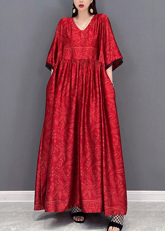 Robe longue en soie de style chinois rouge manche courte