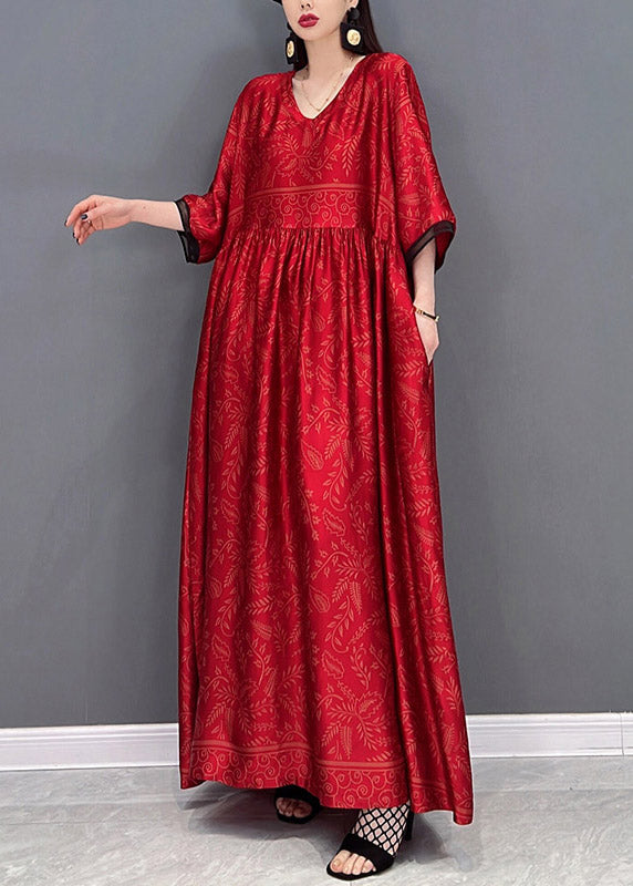 Robe longue en soie de style chinois rouge manche courte