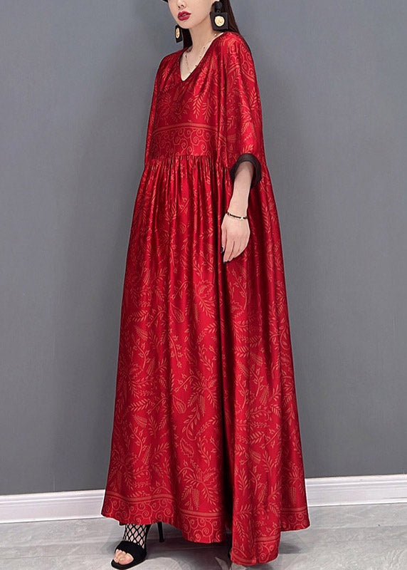 Robe longue en soie de style chinois rouge manche courte