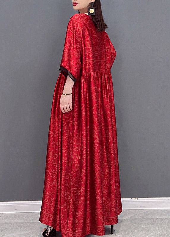 Robe longue en soie de style chinois rouge manche courte