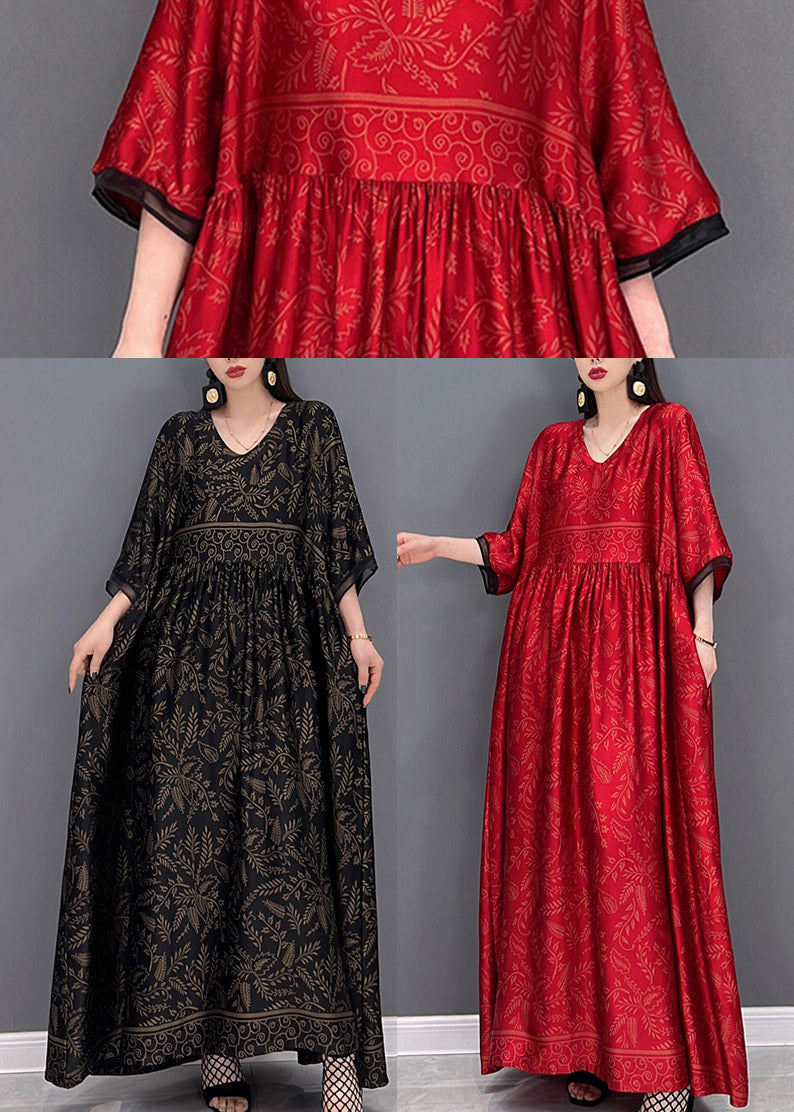 Robe longue en soie de style chinois rouge manche courte