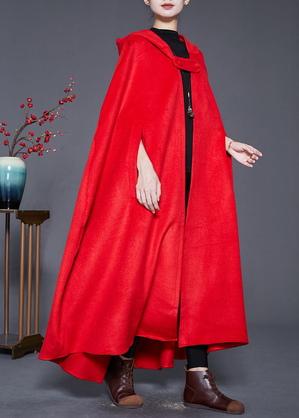 Red Lengthen Woolen Trench Coats Hooded Cloak Sleeves