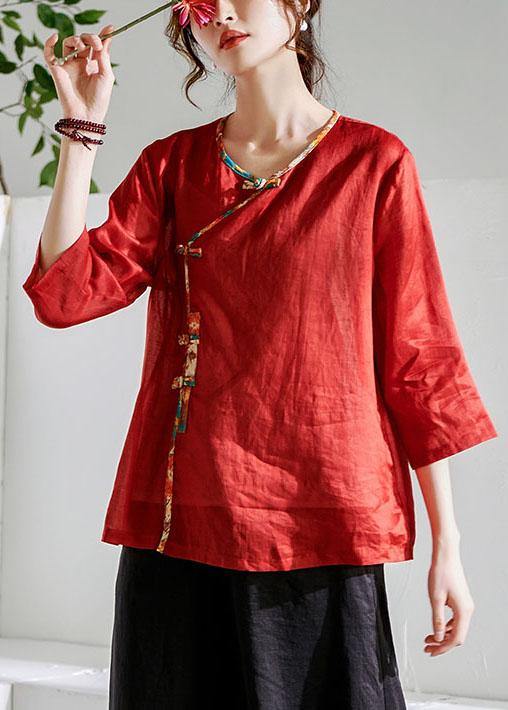 Red Oriental O-Neck Summer Ramie Shirts - SooLinen