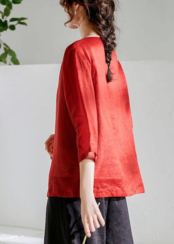 Red Oriental O-Neck Summer Ramie Shirts - SooLinen