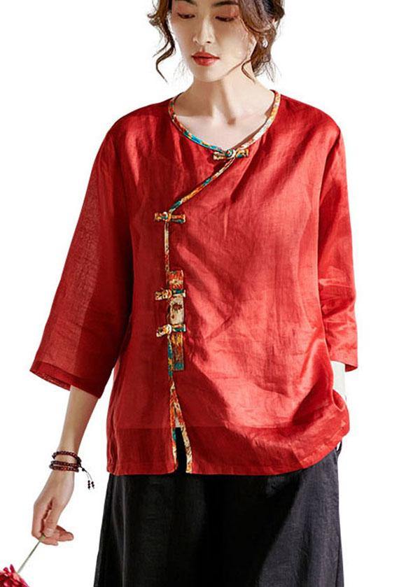 Red Oriental O-Neck Summer Ramie Shirts - SooLinen