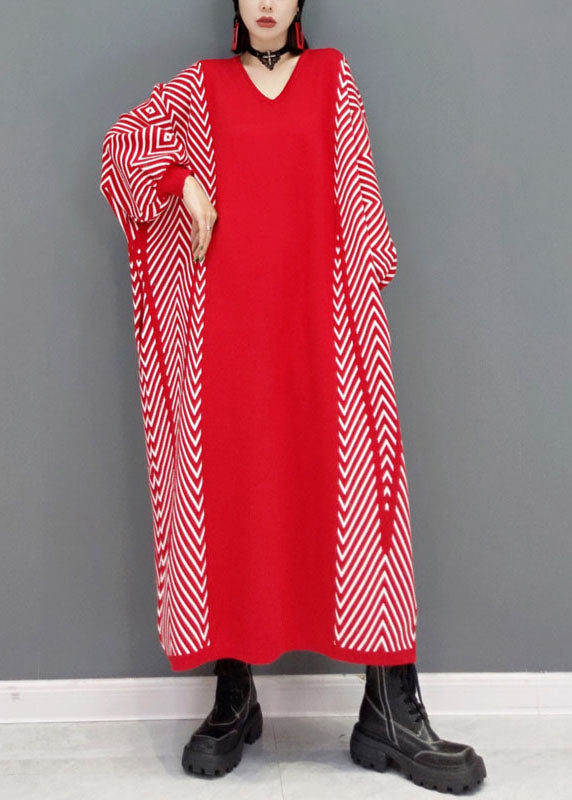 Red Patchwork Knit Loose Holiday Robe Spring