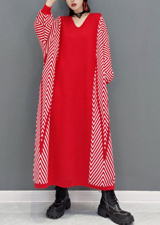 Red Patchwork Knit Loose Holiday Robe Spring