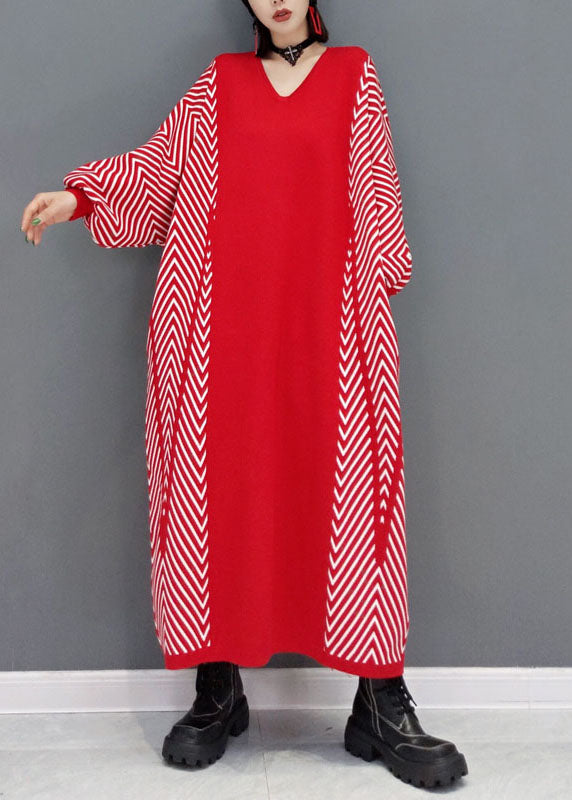 Red Patchwork Knit Loose Holiday Robe Spring