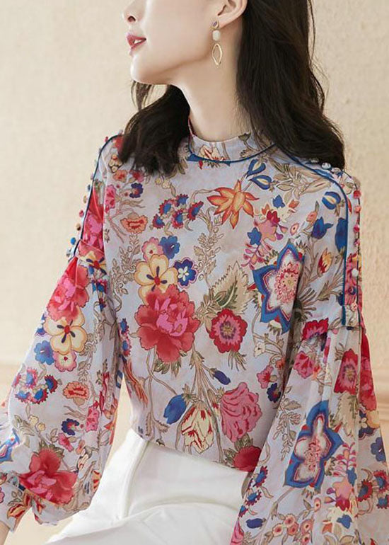 Patchwork Red Loose Silk Shirts Lantern Sleeve