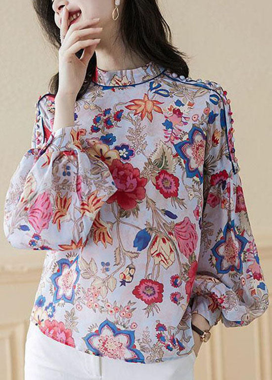 Patchwork Red Loose Silk Shirts Lantern Sleeve