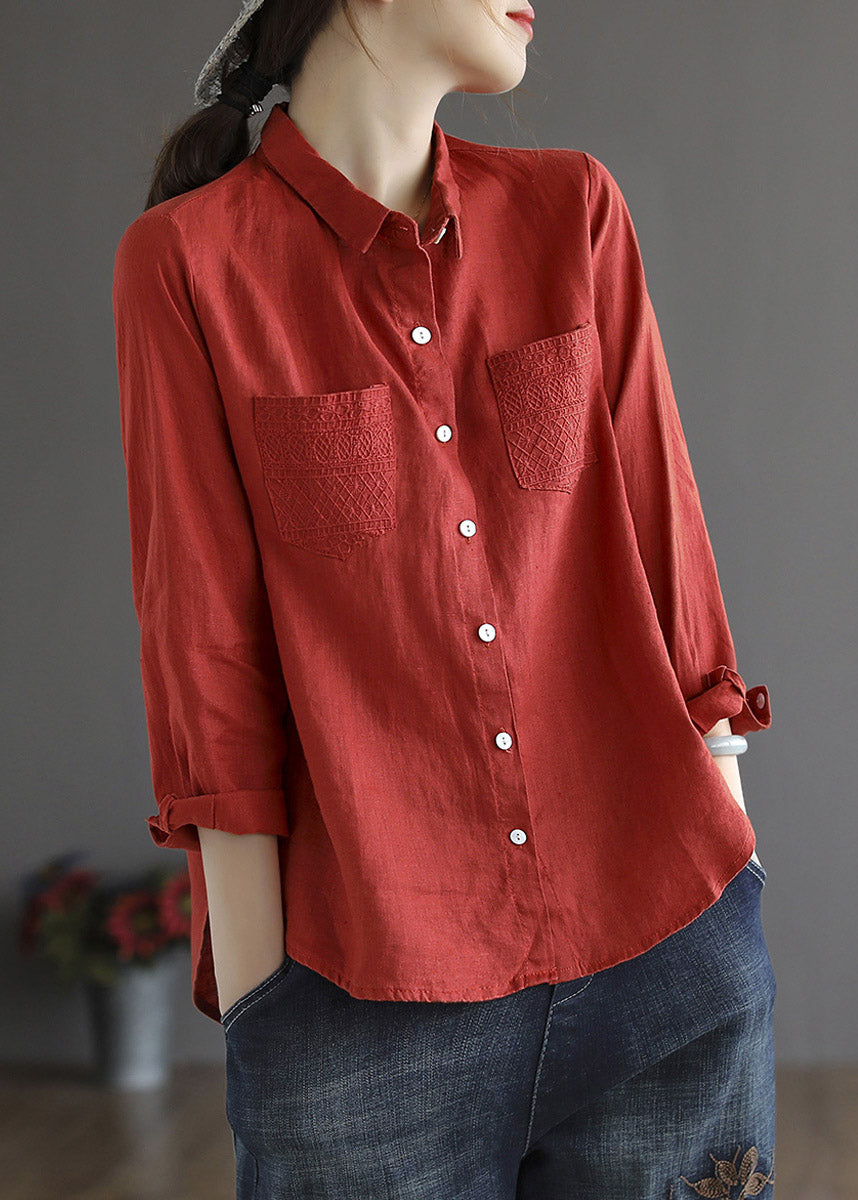 Red Peter Pan Collier Low High Design Linen Shirt Long Manneve