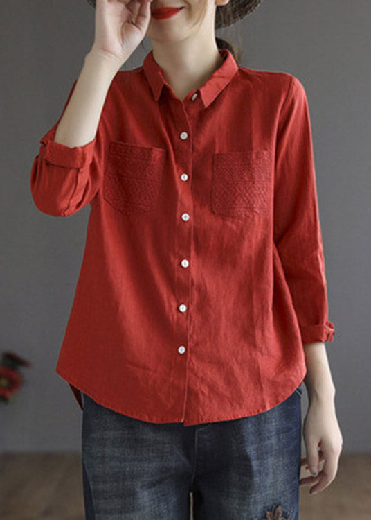 Red Peter Pan Collier Low High Design Linen Shirt Long Manneve