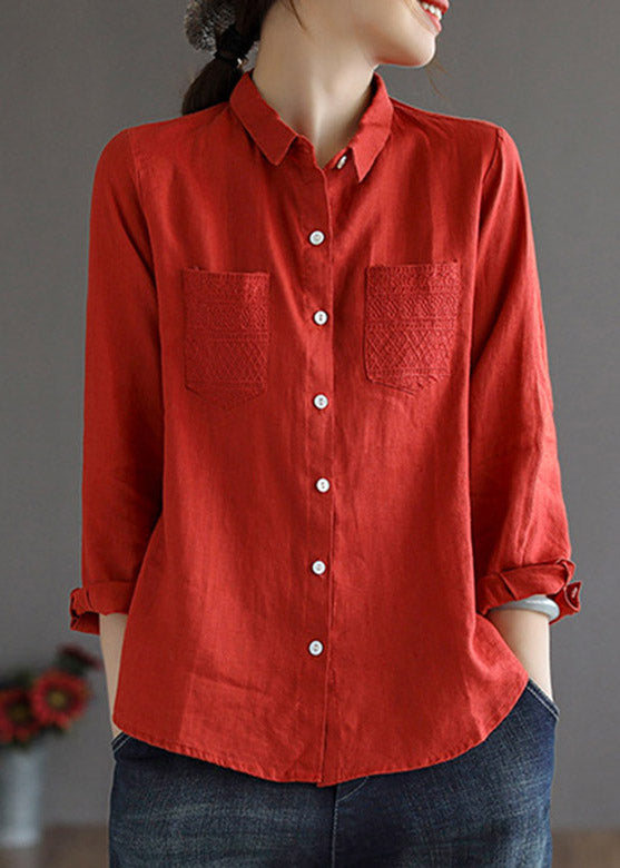 Red Peter Pan Collier Low High Design Linen Shirt Long Manneve