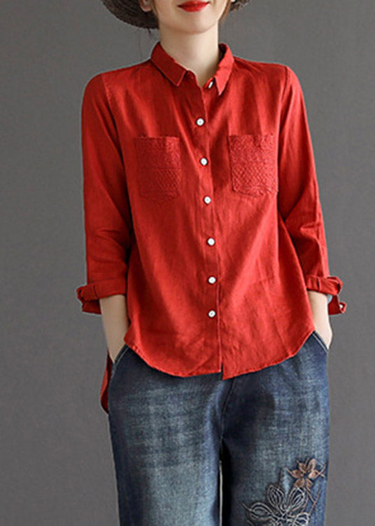 Red Peter Pan Collier Low High Design Linen Shirt Long Manneve