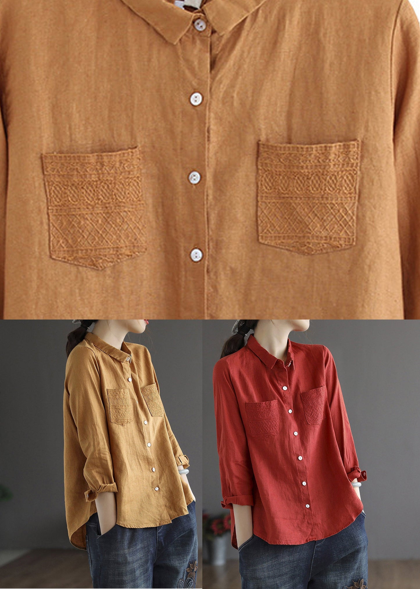 Red Peter Pan Collier Low High Design Linen Shirt Long Manneve