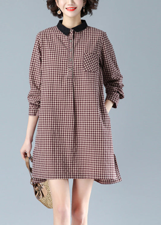 Rouge plaid Peter Pan Collar bouton Coton Robe Mid Fall