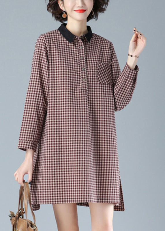 Rouge plaid Peter Pan Collar bouton Coton Robe Mid Fall