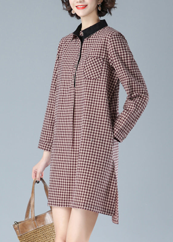 Rouge plaid Peter Pan Collar bouton Coton Robe Mid Fall