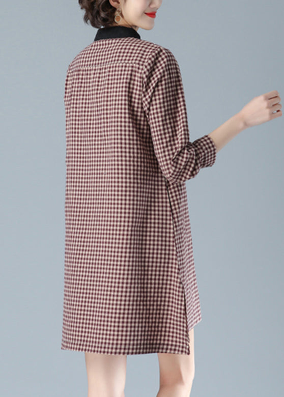 Rouge plaid Peter Pan Collar bouton Coton Robe Mid Fall