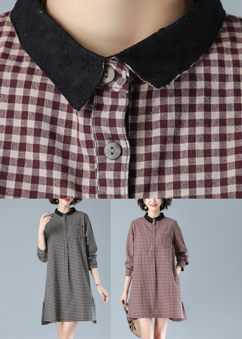 Rouge plaid Peter Pan Collar bouton Coton Robe Mid Fall