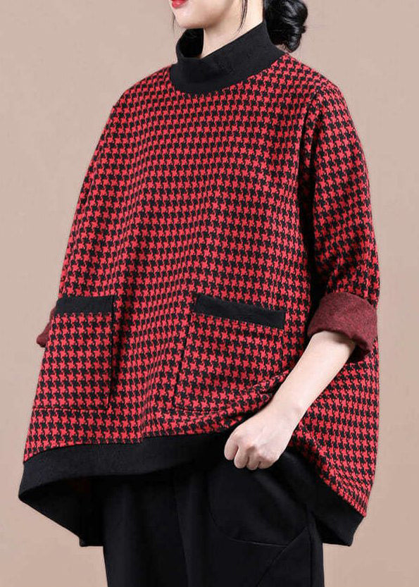 Tops de poche à col roulé à plaid rouge à manches longues