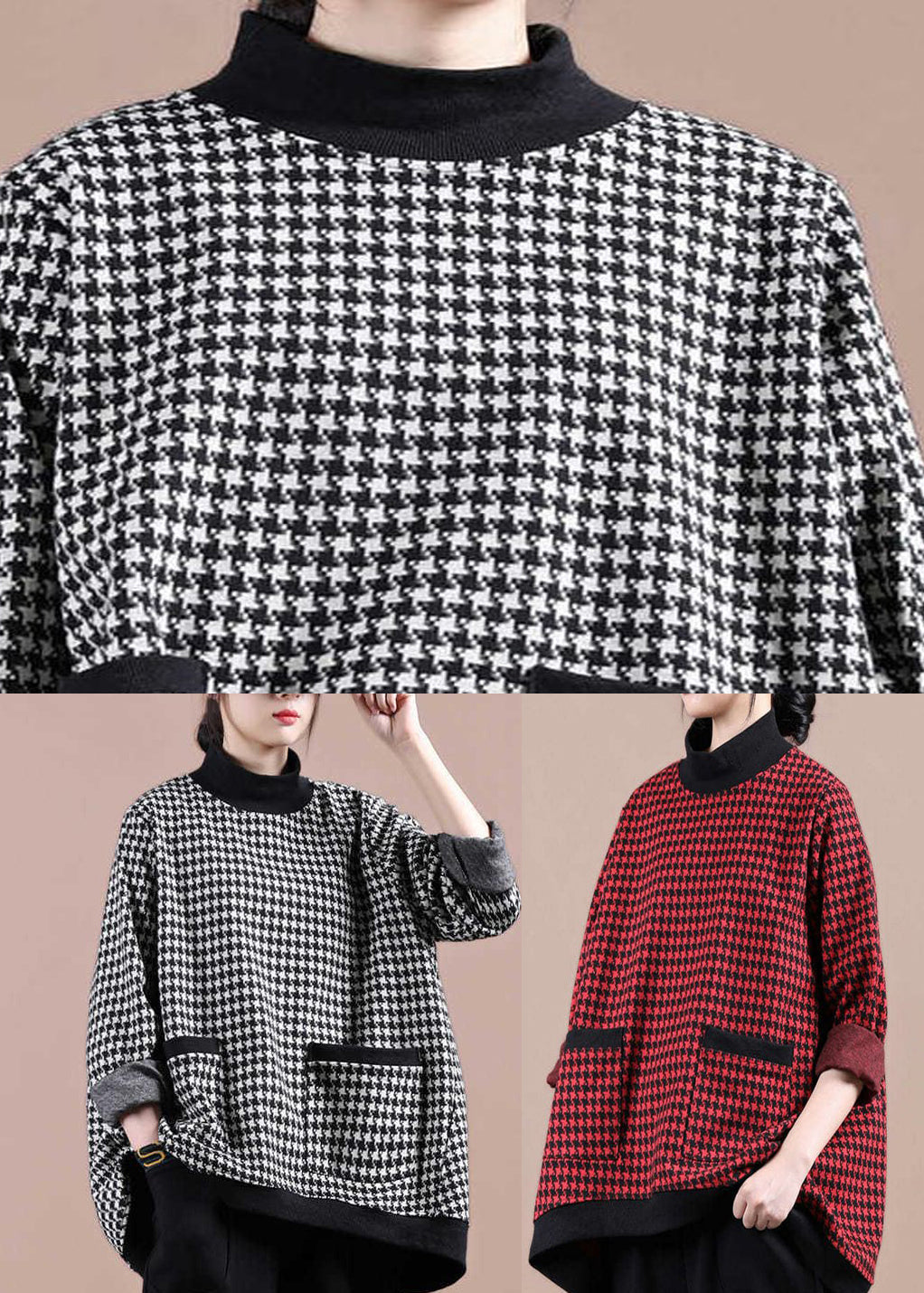 Tops de poche à col roulé à plaid rouge à manches longues