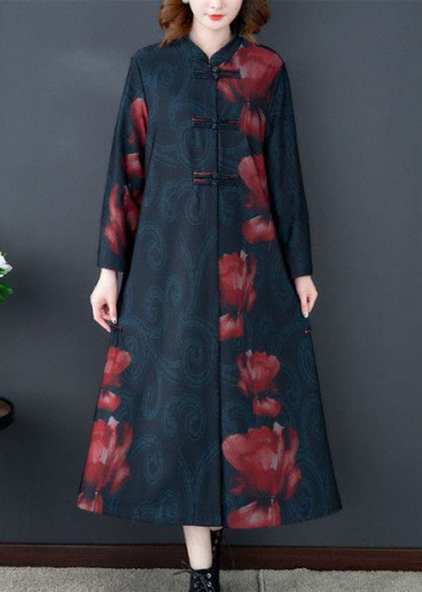 Red Print Silk Long Trench Coats Stand Collar Oriental Bouton Longue manche