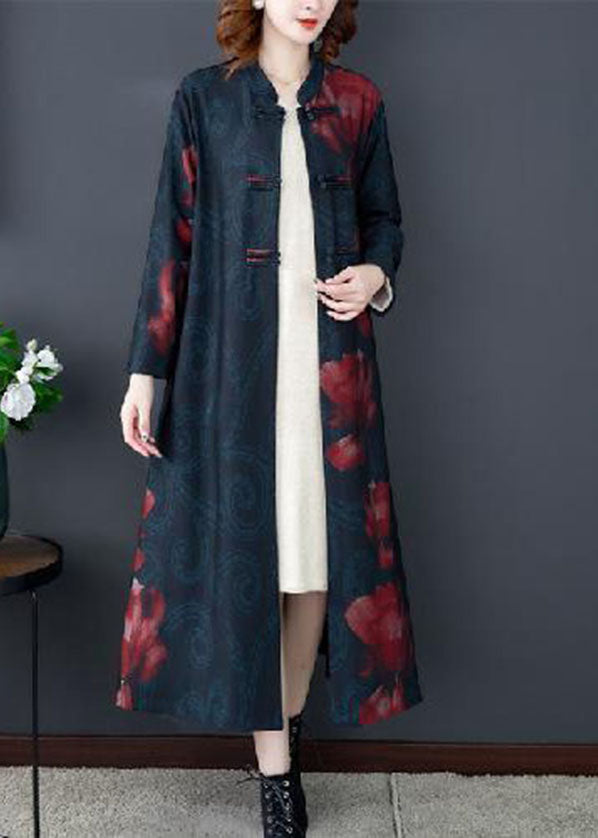 Red Print Silk Long Trench Coats Stand Collar Oriental Bouton Longue manche