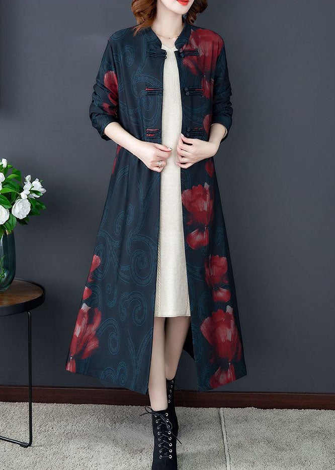 Red Print Silk Long Trench Coats Stand Collar Oriental Bouton Longue manche