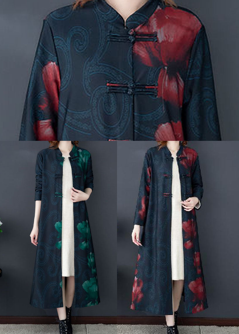 Red Print Silk Long Trench Coats Stand Collar Oriental Bouton Longue manche