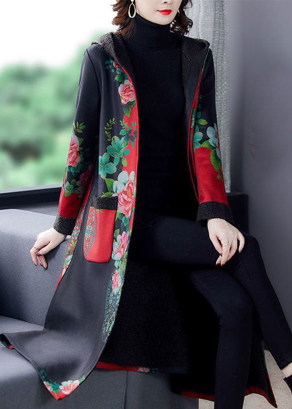 Red Print Thick Warm Fleece Loose Trench Coats Winter