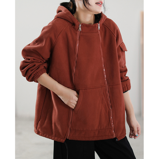 Red Hooded Pockets Zippered Fall Loose Sweatshirt