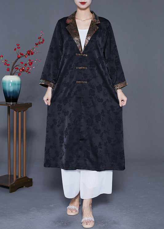 Retro Black Notched Patchwork Chinois Button Button Trench Coats Spring