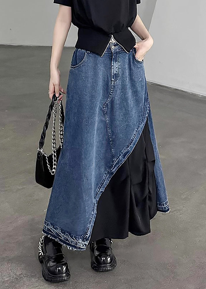 Retro Black Patchwork High Waist Pockets Denim Jupe Summer