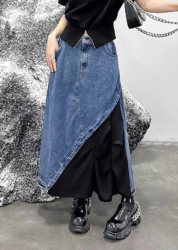 Retro Black Patchwork High Waist Pockets Denim Jupe Summer