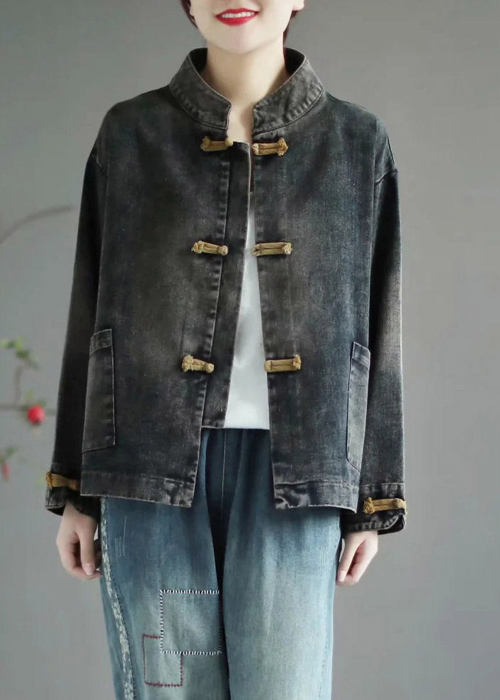 Retro Black Stand Collar Patchwork Denim Coat Spring