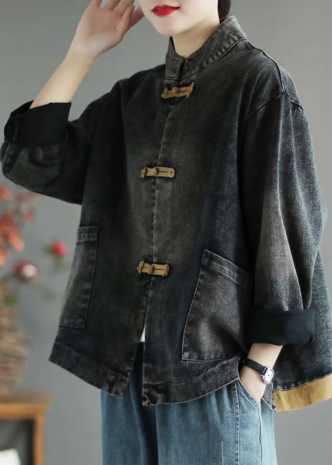 Retro Black Stand Collar Patchwork Denim Coat Spring